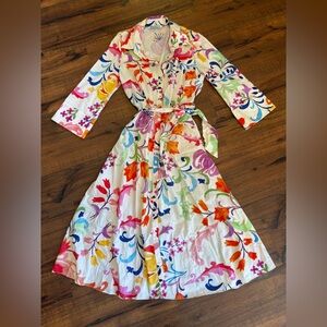 ZARA White Multicolored Floral Print Long Cotton Shirt Dress Belted Size XL